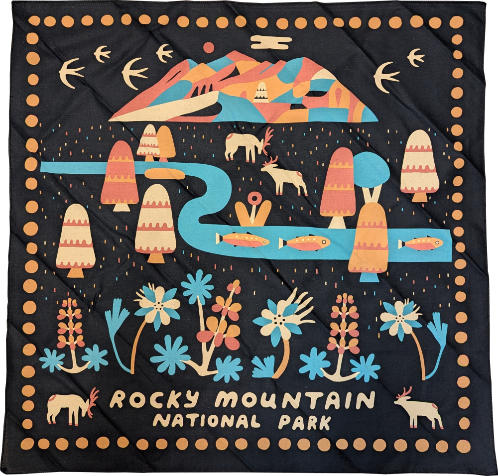 river run bandana The Scenic River Run bandana showcases an illustrated meadow scene with mountains, trees, a river, flowers, fish, deer, birds, and stylized text on a dark background.