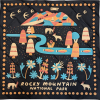 river run bandana The Scenic River Run bandana showcases an illustrated meadow scene with mountains, trees, a river, flowers, fish, deer, birds, and stylized text on a dark background.