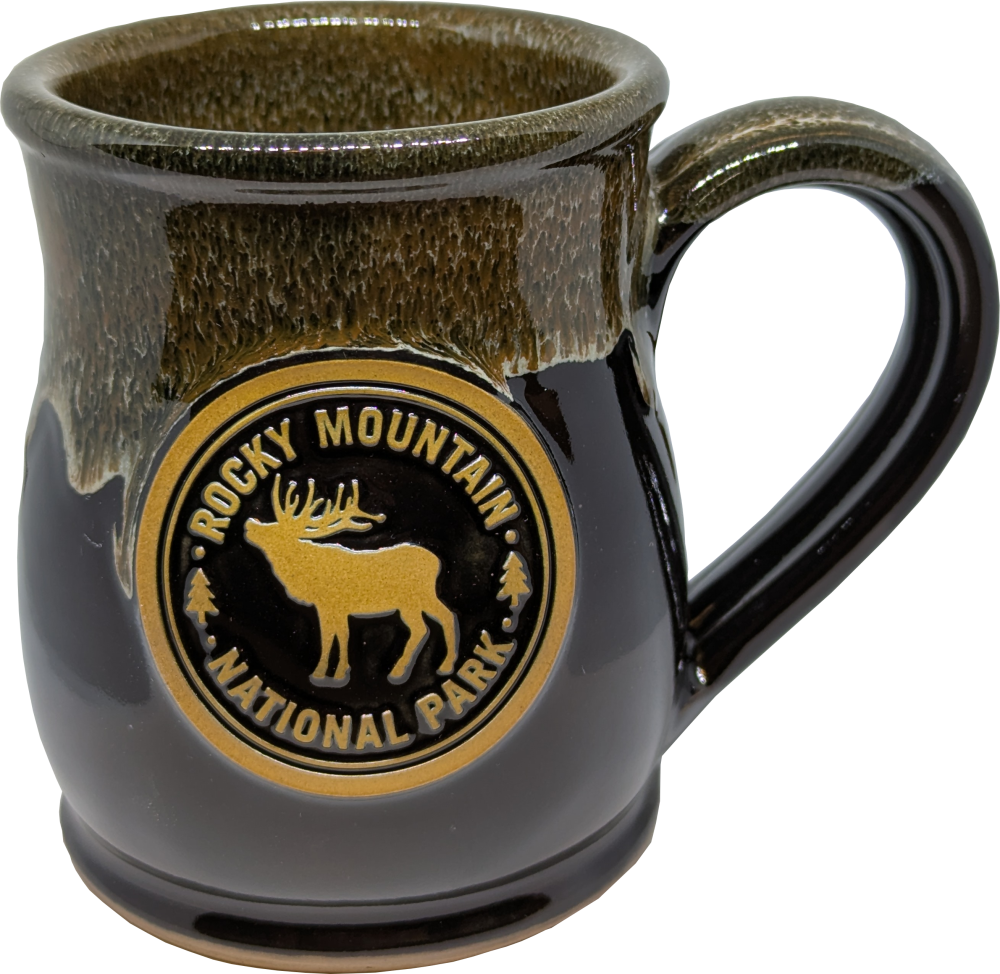 tall elk mug deneen A Deneen RMNP Tall Elk ceramic mug with a handle, featuring a Rocky Mountain National Park emblem and an elk design on the front.